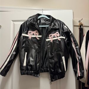COPY - Black Faux Leather Jacket with Pink Bow Accents